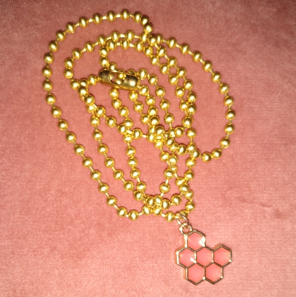 🪷 LOTUS SALE Pink Honey Gold Honeycomb Charm Necklace Ball Link Choker Long New - Picture 5 of 10